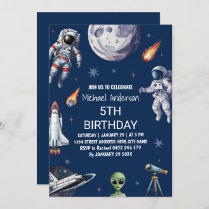 Trendy Rocket Ship Space Planet Galaxy Birthday Invitation