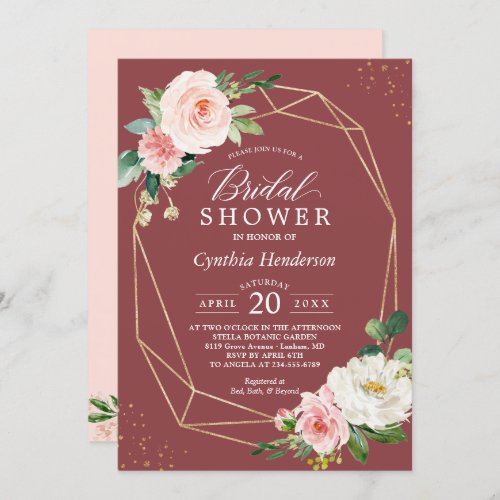 Trendy Romantic Cinnamon Rose Floral Bridal Shower Invitation - Celebrate the bride-to-be with this "Cinnamon Rose Pink Floral Bridal Shower Invitation" that features a Modern Geometric Frame and Blush Watercolor Peonies. It's easy to customize this design to be uniquely yours. For further customization, please click on the "customize further" link and use our design tool to modify this template. If you need help or matching items, please contact me.