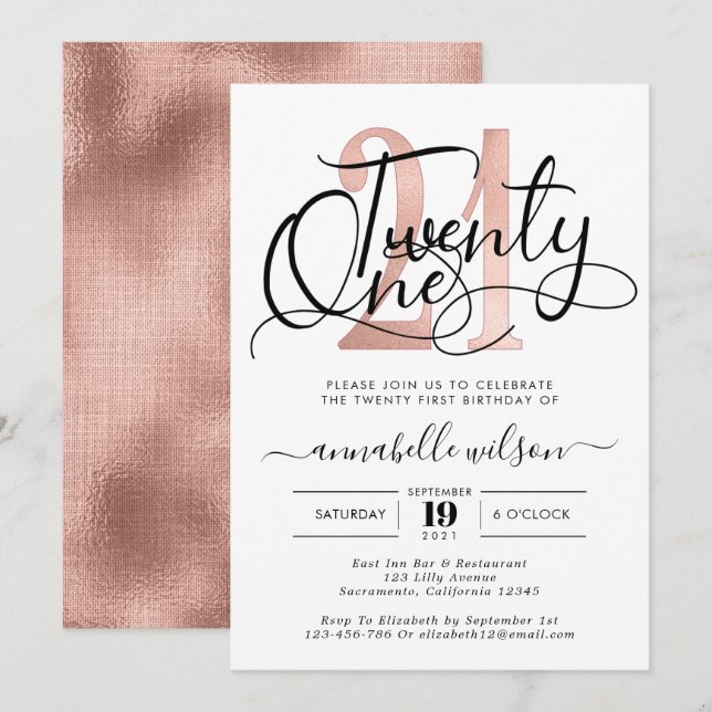 Trendy Rose Gold 21st Birthday Party  Invitation (Front/Back)