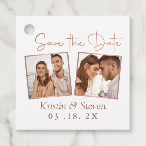Trendy Rose Gold 2 Photo Save The Date Favor Tags