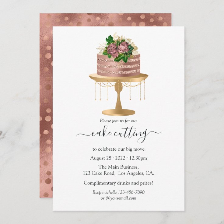 Trendy Rose Gold and Gold Floral Cake Cutting Invitation | Zazzle