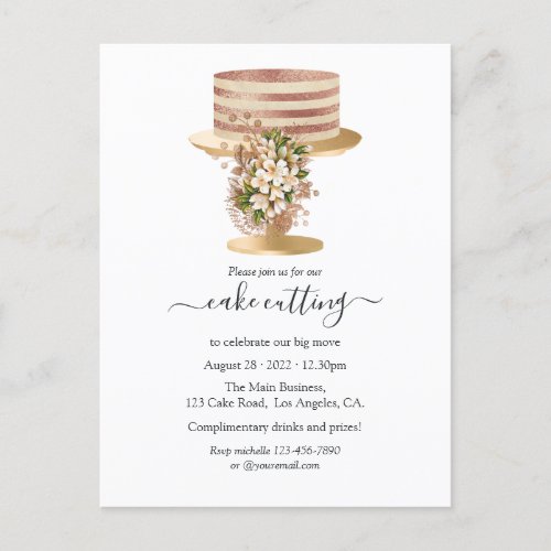 Trendy Rose Gold and Gold Floral Cake Cutting Invitation Postcard