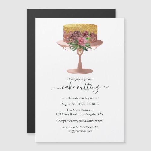 Trendy Rose Gold and Gold Floral Cake Cutting Magnetic Invitation