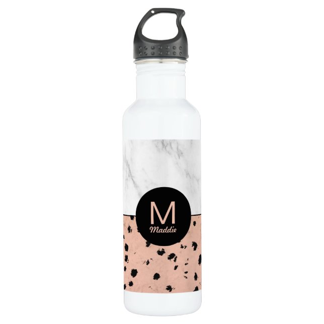 Trendy Rose Gold and Marble with Monogram Water Bottle (Front)