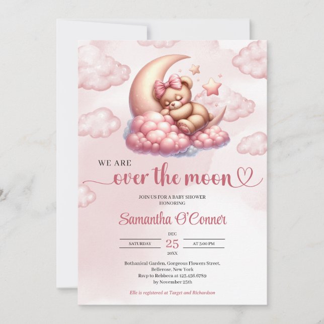 Trendy rose gold bear over the moon Baby Shower Invitation (Front)