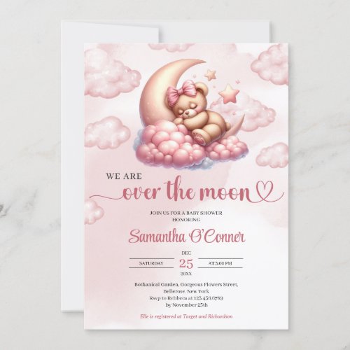 Trendy rose gold bear over the moon Baby Shower Invitation