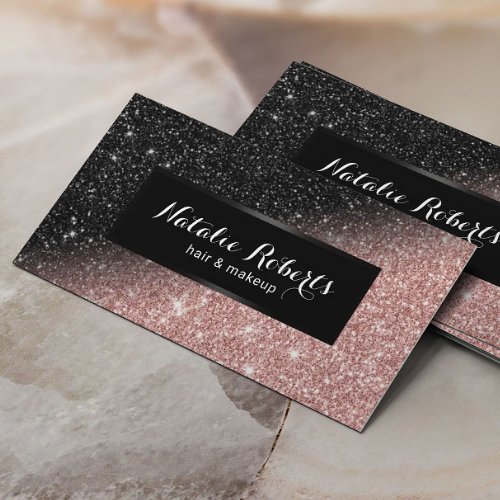 Trendy Rose Gold  Black Glitter Beauty Salon Business Card