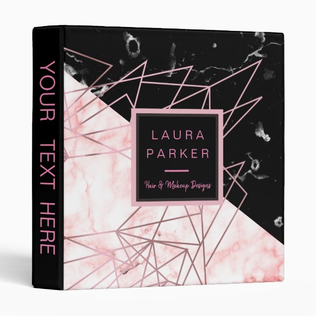 Trendy Rose Gold  Black Marble Geometric 3 Ring Binder (Front/Spine)