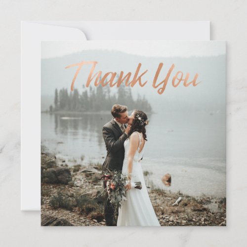Trendy Rose Gold Brushed Lettering Photo Square Thank You Card