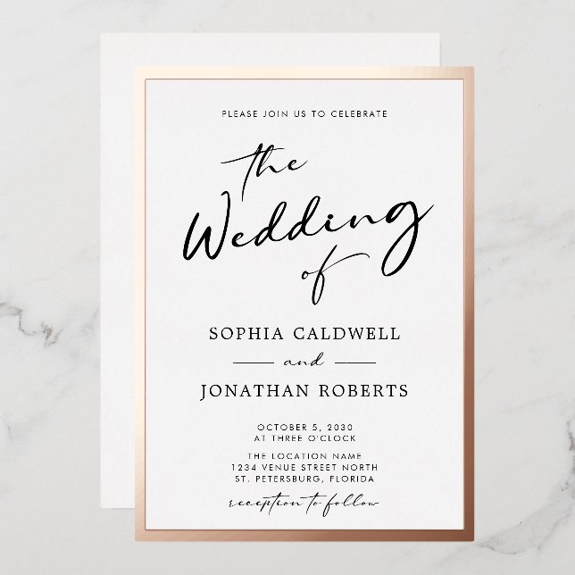 Trendy Rose Gold Calligraphy Script Wedding Foil Invitation (Front/Back)