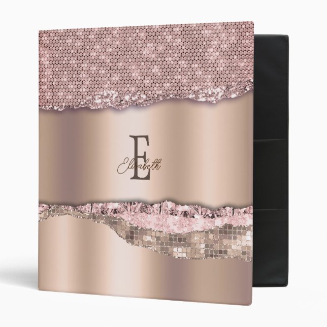 Trendy Rose Gold Diamonds Glitter Monogram 3 Ring Binder (Front/Inside)