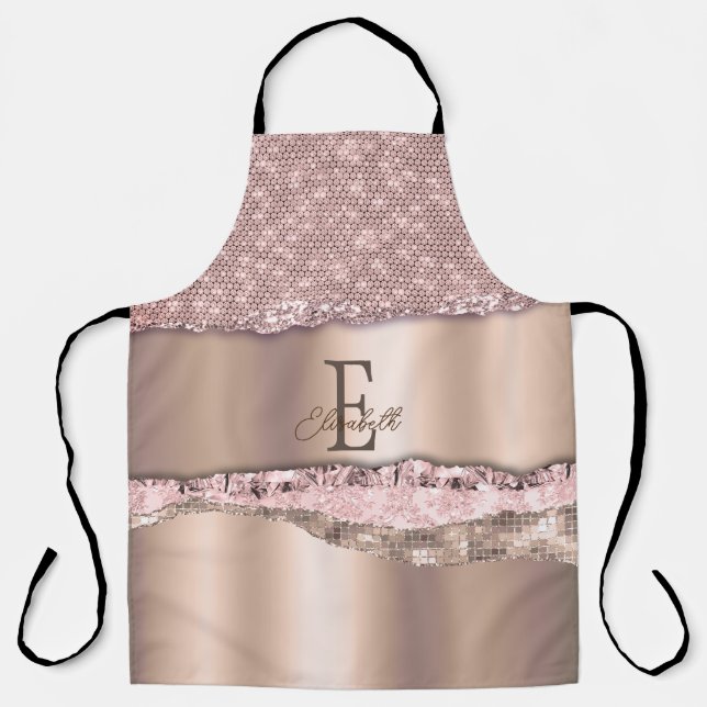 Trendy Rose Gold Diamonds Glitter Monogram Apron (Front)