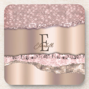 Trendy Rose Gold Diamonds Glitter Monogram Beverage Coaster