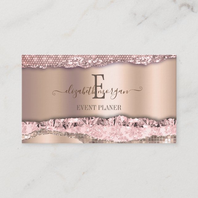 Trendy Rose Gold Diamonds Glitter Monogram Business Card (Front)
