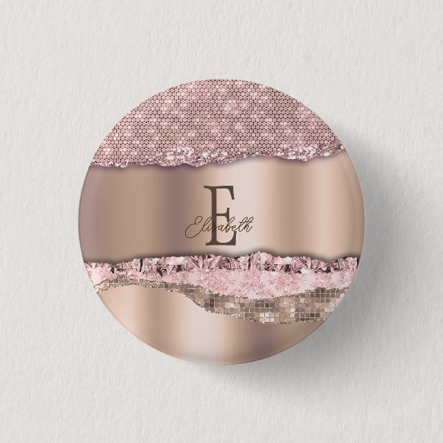 Trendy Rose Gold Diamonds Glitter Monogram Button (Front)