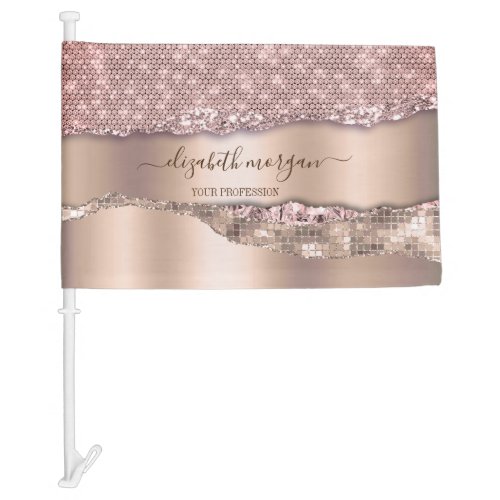 Trendy Rose Gold Diamonds Glitter Monogram Car Flag