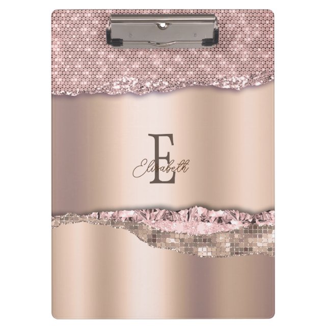 Trendy Rose Gold Diamonds Glitter Monogram Clipboard (Front)