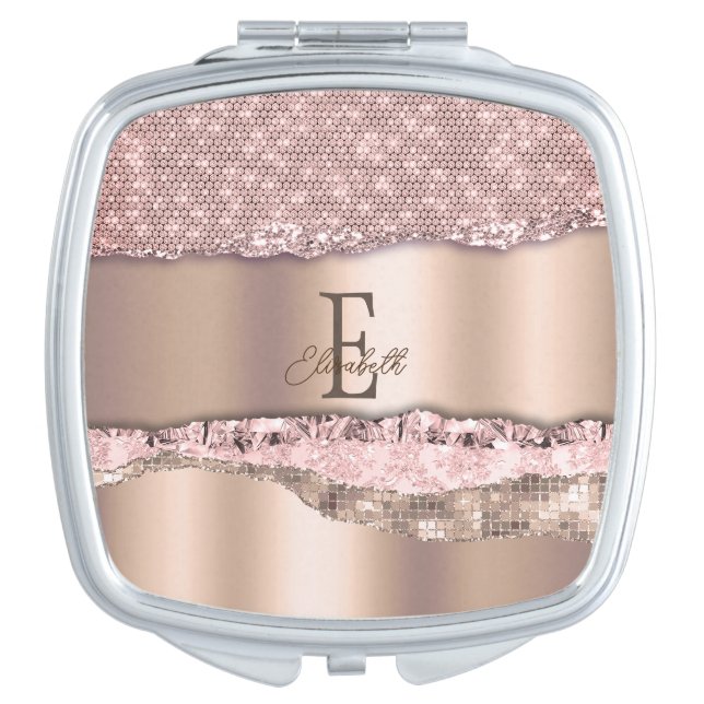 Trendy Rose Gold Diamonds Glitter Monogram Compact Mirror (Front)