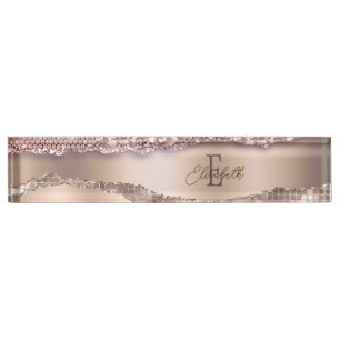 Trendy Rose Gold Diamonds Glitter Monogram Desk Name Plate