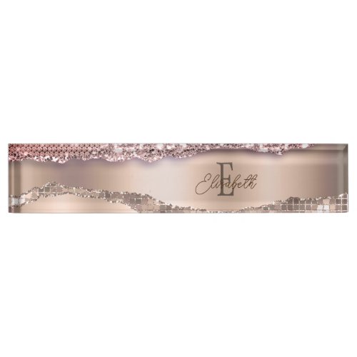 Trendy Rose Gold Diamonds Glitter Monogram Desk Name Plate