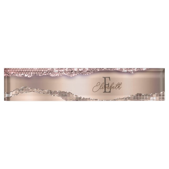 Trendy Rose Gold Diamonds Glitter Monogram Desk Name Plate (Front)