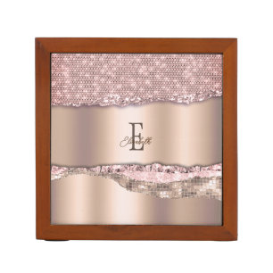Trendy Rose Gold Diamonds Glitter Monogram Desk Organizer