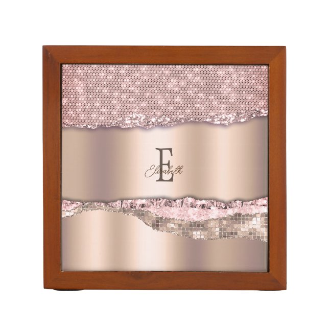 Trendy Rose Gold Diamonds Glitter Monogram Desk Organizer (Front)