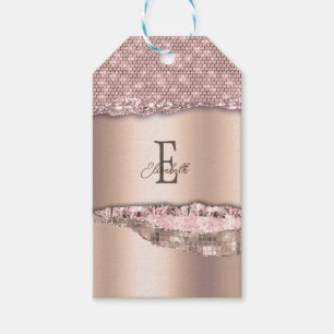Trendy Rose Gold Diamonds Glitter Monogram Gift Tags