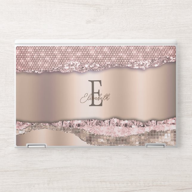 Trendy Rose Gold Diamonds Glitter Monogram HP Laptop Skin (Front)