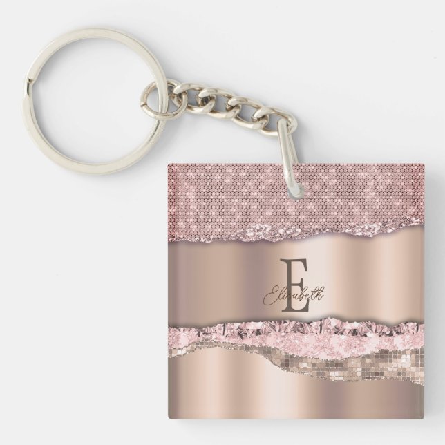 Trendy Rose Gold Diamonds Glitter Monogram Keychain (Front)