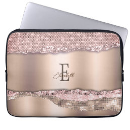 Trendy Rose Gold Diamonds Glitter Monogram Laptop Sleeve