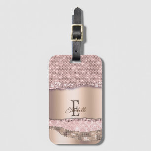 Trendy Rose Gold Diamonds Glitter Monogram Luggage Tag