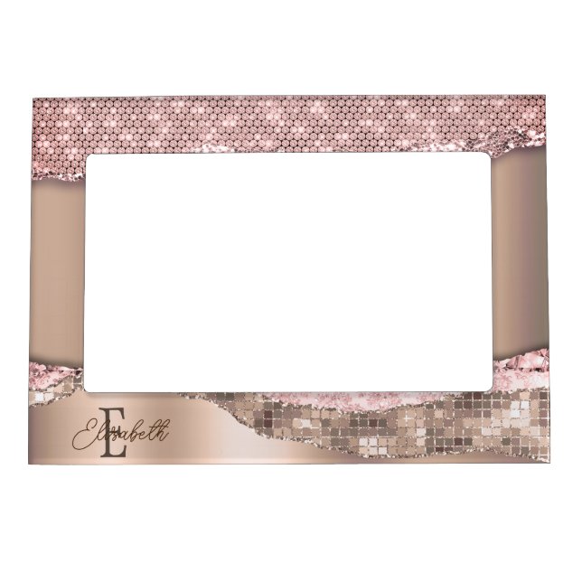 Trendy Rose Gold Diamonds Glitter Monogram Magnetic Frame (Front)