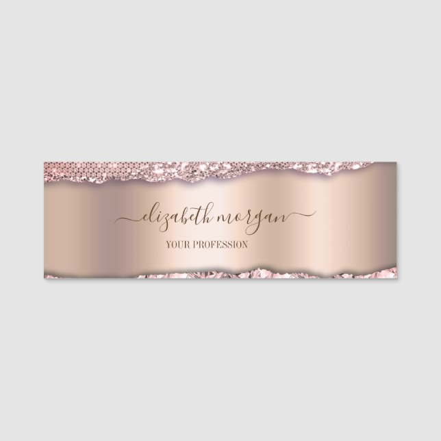 Trendy Rose Gold Diamonds Glitter Monogram Name Tag (Front)