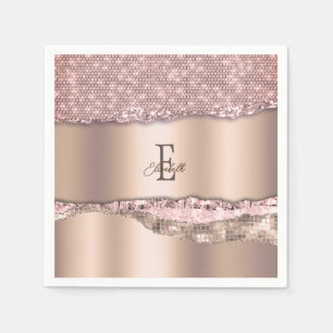 Trendy Rose Gold Diamonds Glitter Monogram Napkins