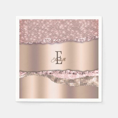 Trendy Rose Gold Diamonds Glitter Monogram Napkins