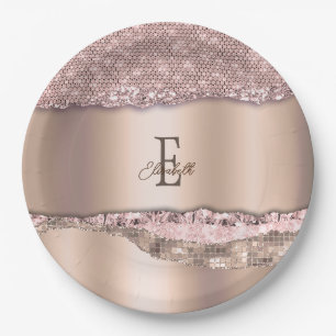 Trendy Rose Gold Diamonds Glitter Monogram Paper Plates