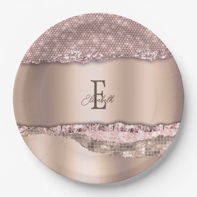 Trendy Rose Gold Diamonds Glitter Monogram Paper Plates (Front)