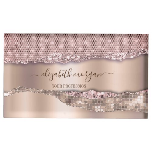 Trendy Rose Gold Diamonds Glitter Monogram Place Card Holder