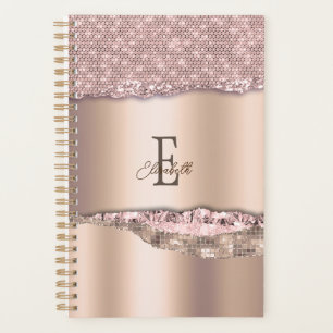 Trendy Rose Gold Diamonds Glitter Monogram Planner