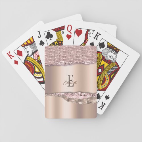Trendy Rose Gold Diamonds Glitter Monogram Poker Cards
