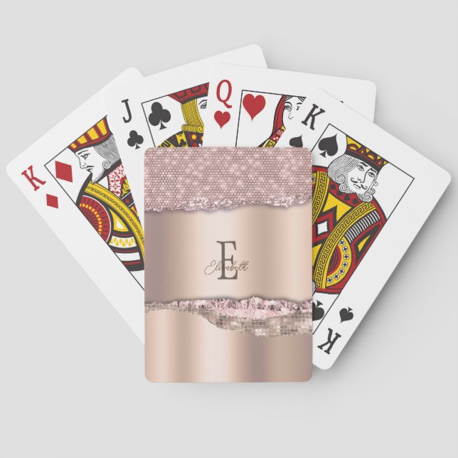 Trendy Rose Gold Diamonds Glitter Monogram Poker Cards (Back)