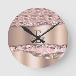 Trendy Rose Gold Diamonds Glitter Monogram Round Clock