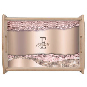 Trendy Rose Gold Diamonds Glitter Monogram Serving Tray