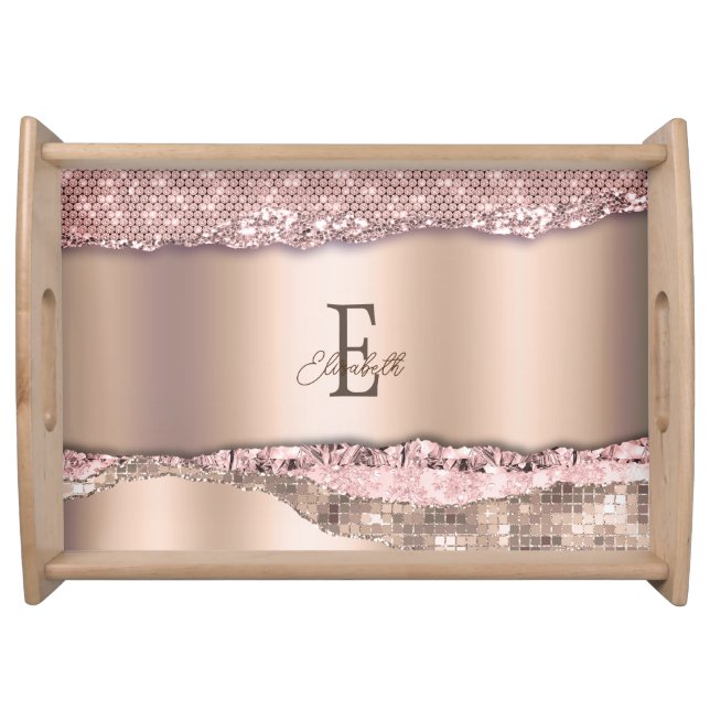 Trendy Rose Gold Diamonds Glitter Monogram Serving Tray (Front)