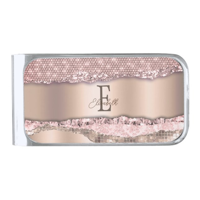 Trendy Rose Gold Diamonds Glitter Monogram Silver Finish Money Clip (Front)