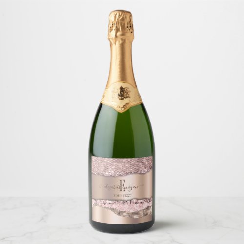 Trendy Rose Gold Diamonds Glitter Monogram Sparkling Wine Label