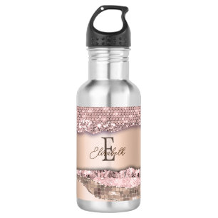 Trendy Rose Gold Diamonds Glitter Monogram Stainless Steel Water Bottle