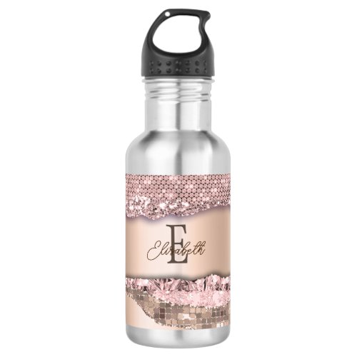 Trendy Rose Gold Diamonds Glitter Monogram Stainless Steel Water Bottle