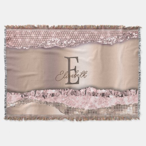 Trendy Rose Gold Diamonds Glitter Monogram Throw Blanket